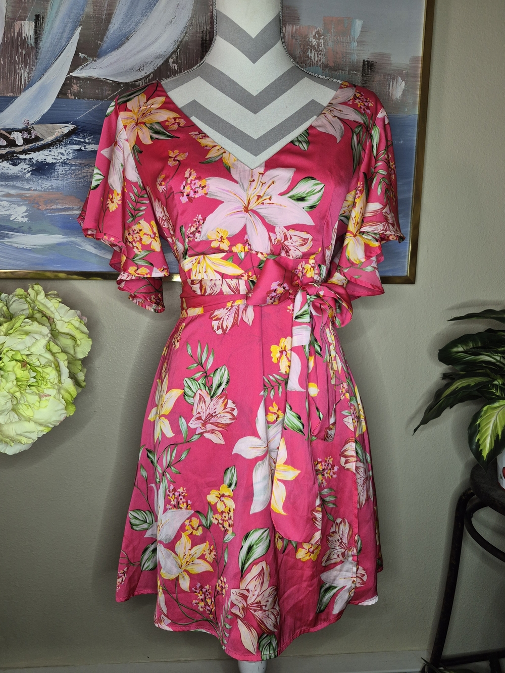 BB Dakota Pink Floral Wrap Mini Dress